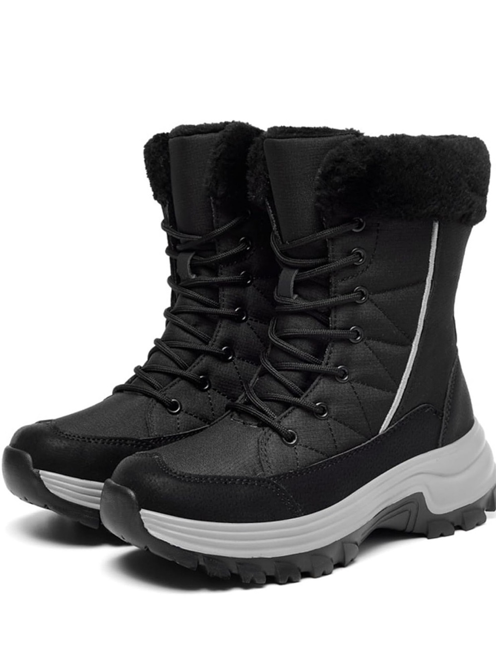 Women's Black Insulated Lace-Up Winter Boots with Faux Fur Collar